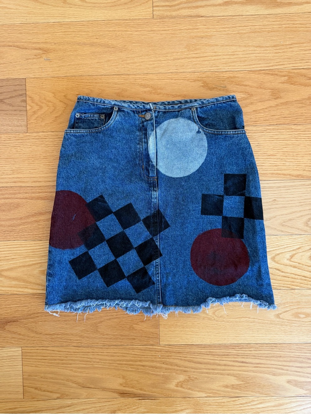 Vintage 90s Bill Blass Jeans Hand Painted Denim Mini Skirt Geometric Art size 6